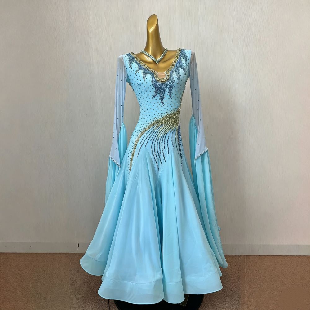 Custom Light Blue Ballroom Dance Dress with Gold Rhinestones