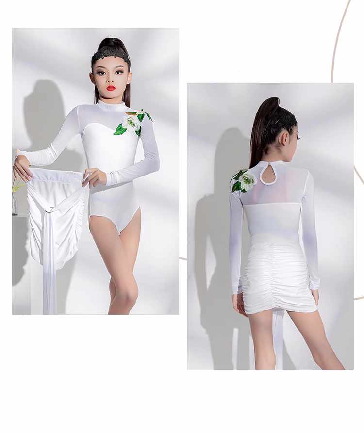 Girls White with Flowers Latin Dance Dresses Kids Salsa Rumba Chacha Latin Performance Clothes Long-sleeved Practice Clothing - Moderndancedress.com