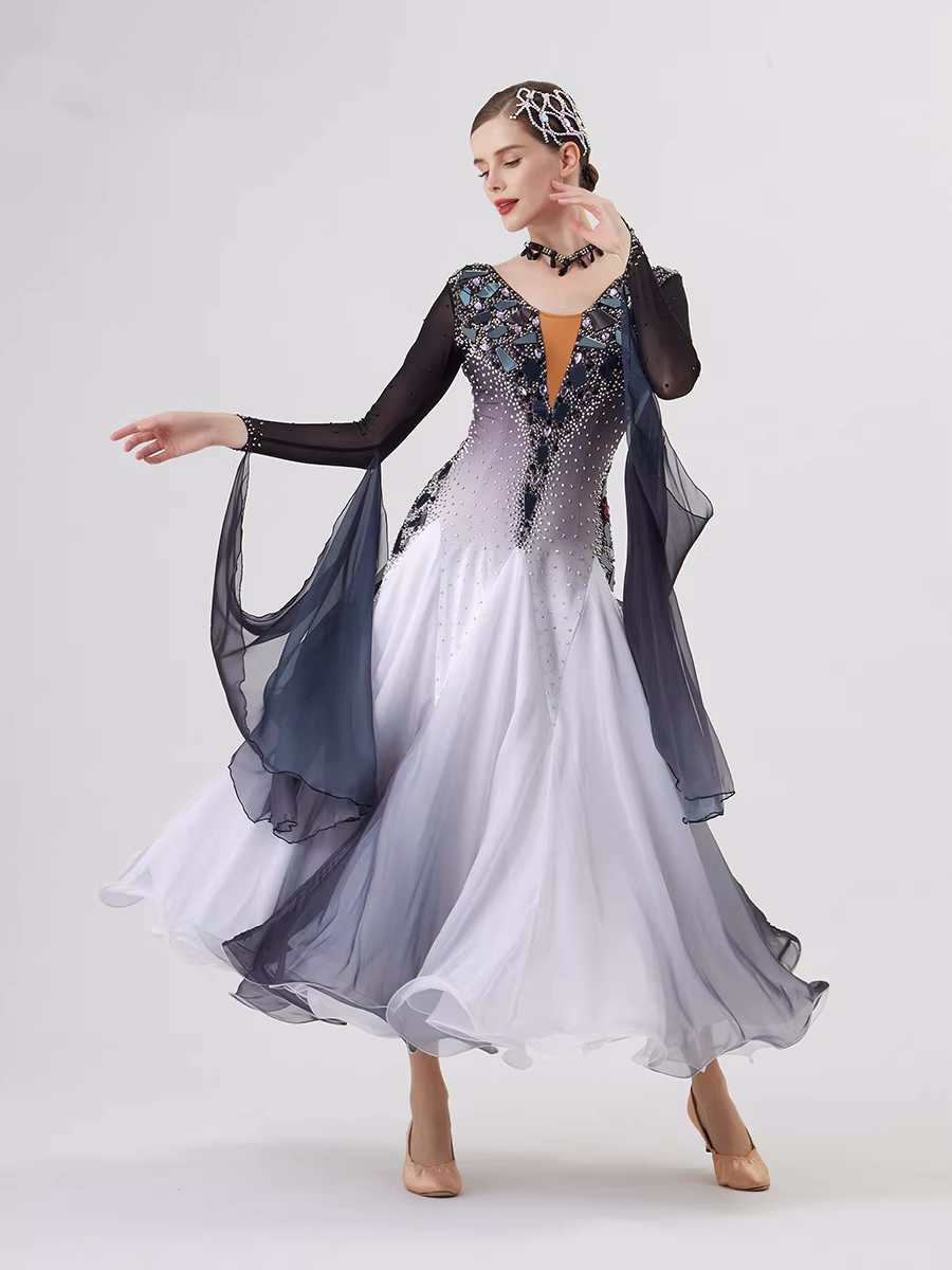 Custom Size White Black Gradient Competition Ballroom Dance Dresses for Women Girls Waltz Tango Social Dance Gown - Moderndancedress.com