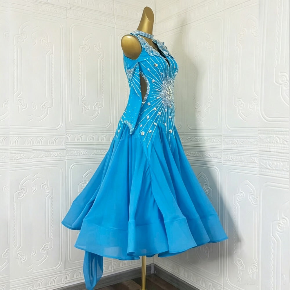 Custom Turquoise Blue Ballroom Dance Dress Luxury Modern Waltz Competition Gown
