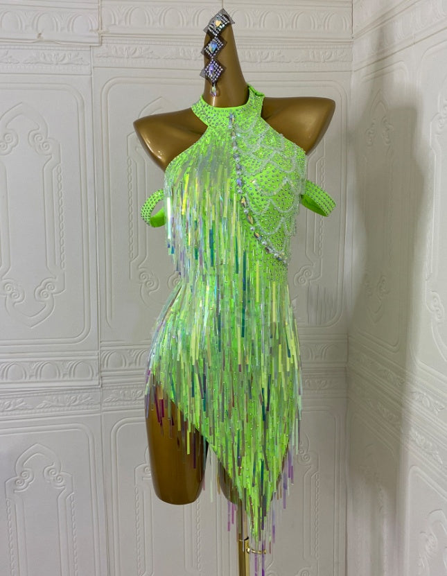 Custom Size Competition Neon Green Latin Dance Dresses for Women Girls Bling Fringe Salsa Rumba Chacha Ballroom Latin Dance Wear