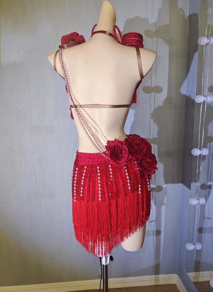 Custom Size Red Competition Latin Dance Rose Flowers Salsa Rumba Chacha Performance Dance Costumes