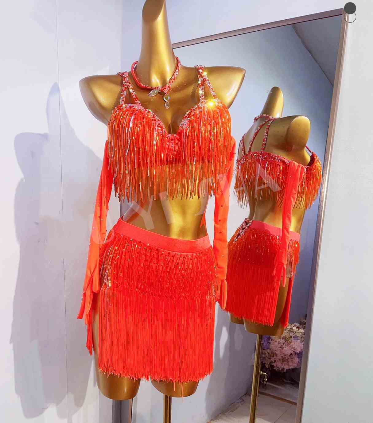 Custom Size Women's Latin Dance Dress Blue Orange Stones Fringe Skirts Salsa Competition Latin Performance