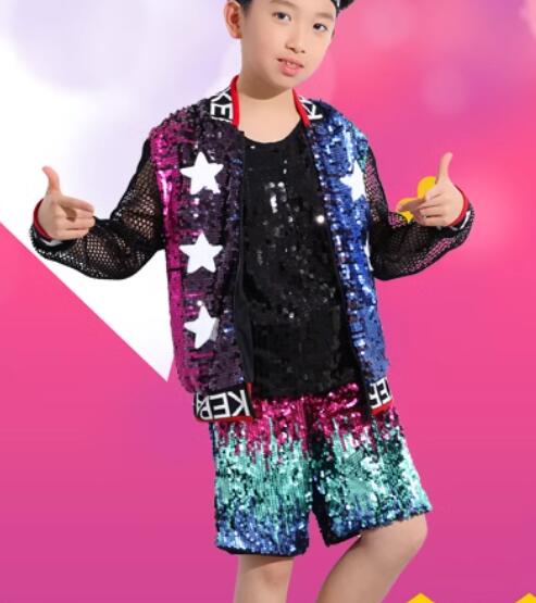 Girls' Jazz Dancing Costume Boys Kids Hip Hop Street Dance Outfits Blue Sequins Cheerleaders uniforms Catwalk Model Show Clothes for Children - Moderndancedress.com