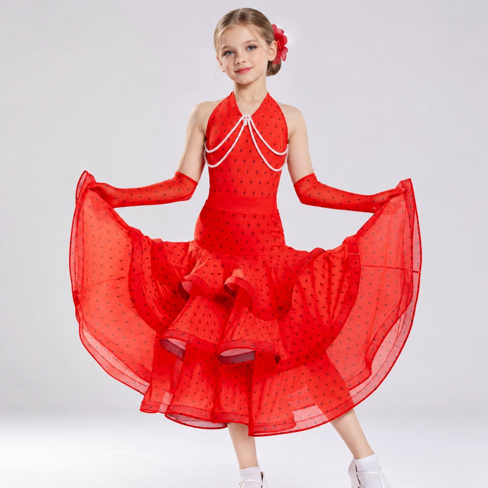 Red Polka Dot Girls Ballroom Dance Dress - Kids Ruffled Party Competition Gown