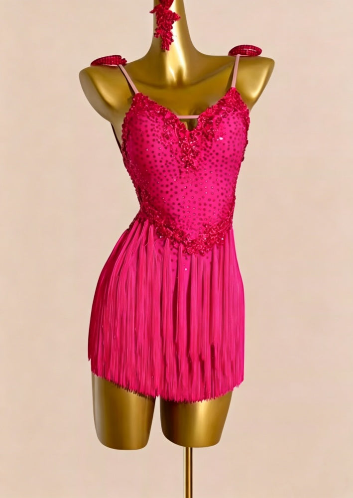 Custom Size Fuchsia Fringe Latin Dance Dress Salsa Rumba Chacha Performance Costumes