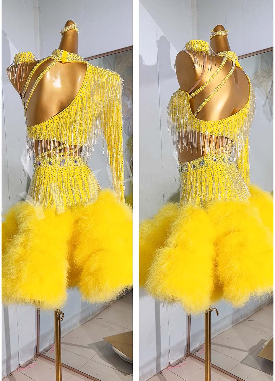 Custom Size Feather Competition Latin Dance Dresses Green Blue Salsa Rumba Chacha Blackpool Performance Clothes