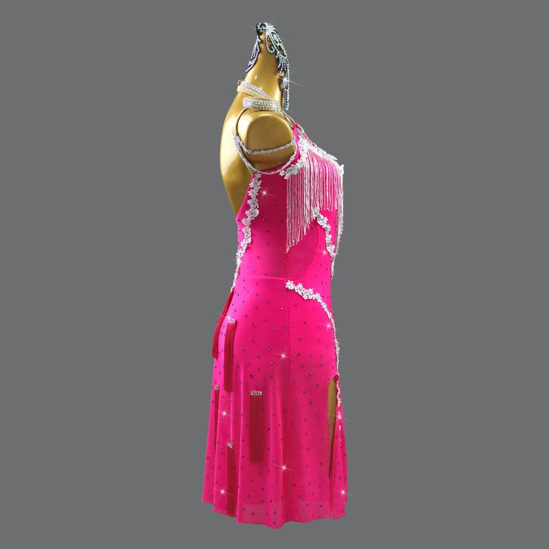 Custom Size Hot Pink Latin Dance Competition Dress with Silver Lace Appliques Fringe