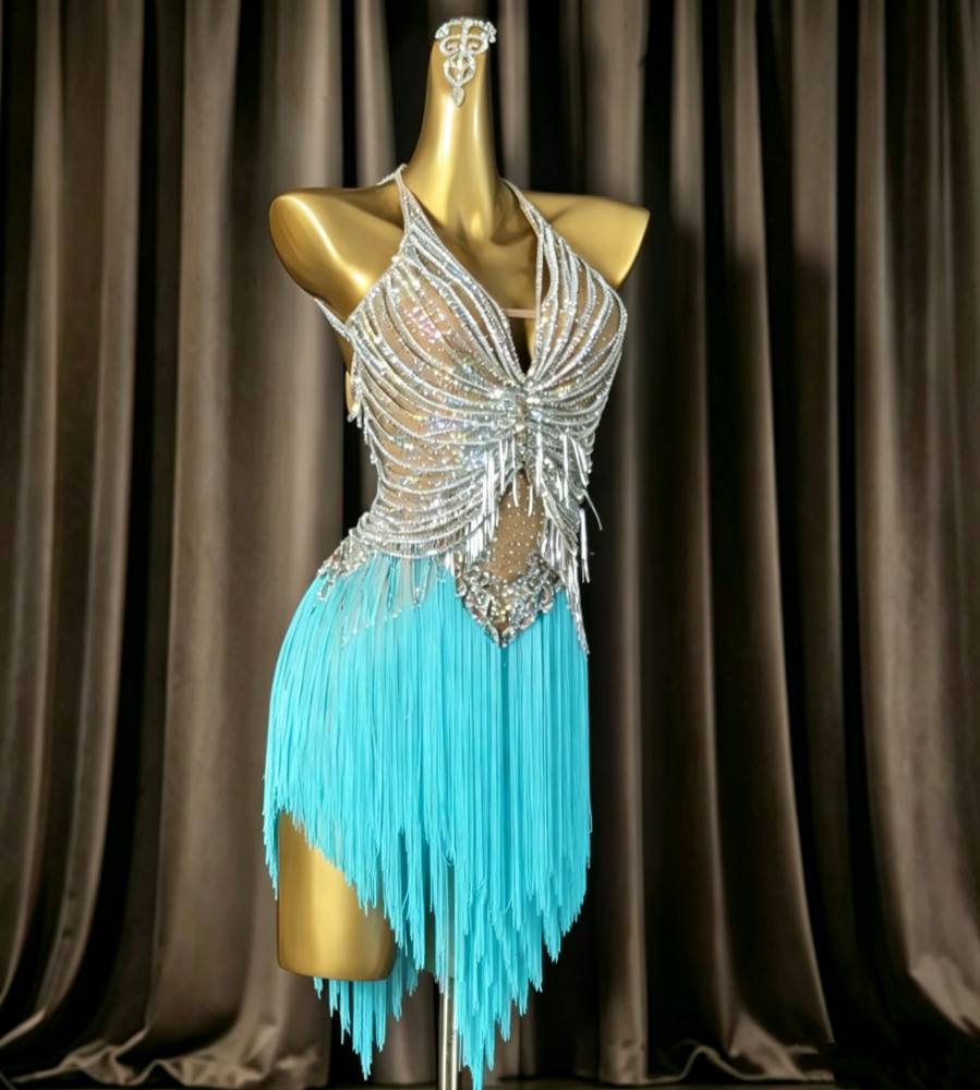 Custom Size Professional Hot Pink Tassel Latin Rhythm Dress with Silver Crystals