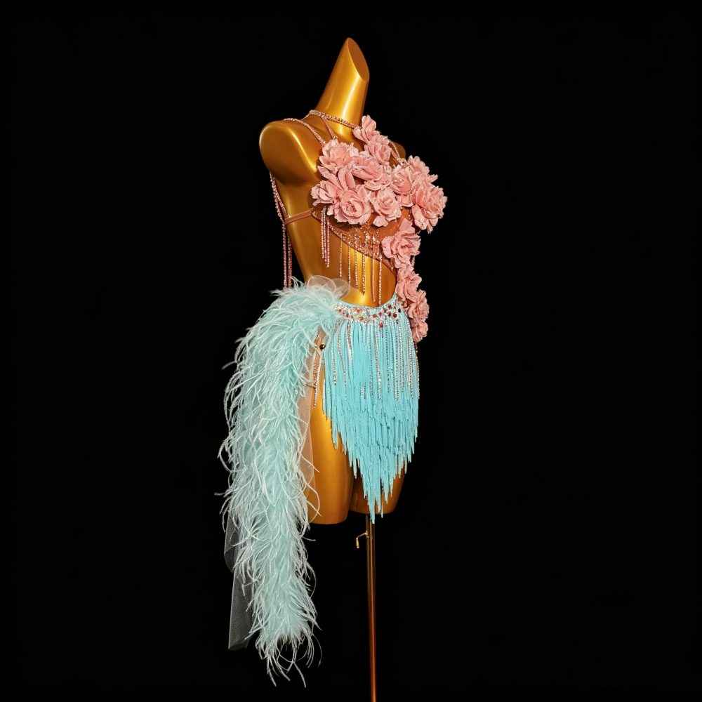Custom Blue Fringe Latin Dance Dress - 3D Pink Floral Feather Blackpool Competition Costume