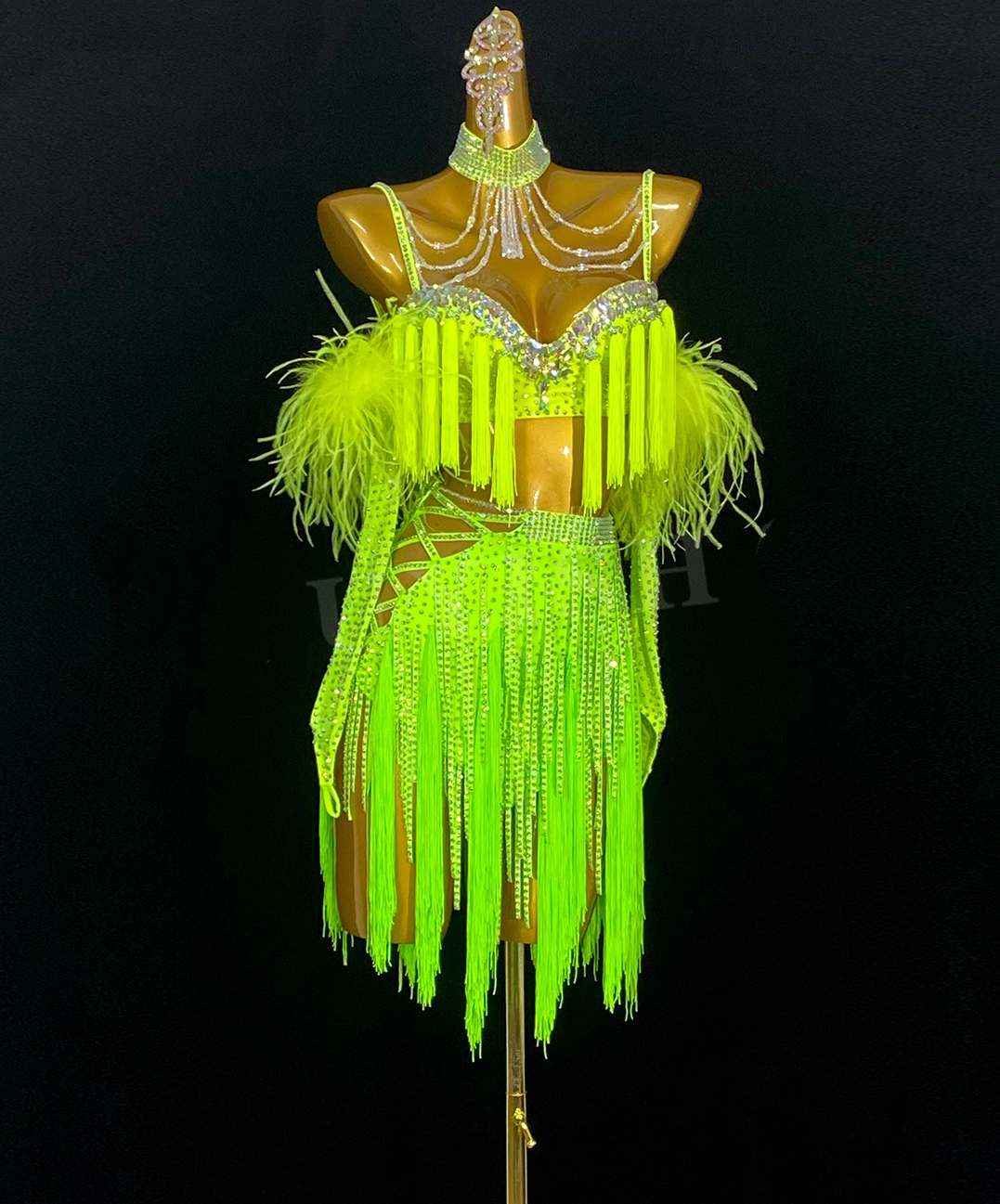 Custom Size Neon Green Feather Competition Latin Dance Dresses for Women Girls Salsa Rumba Chacha Latin Dance Costumes