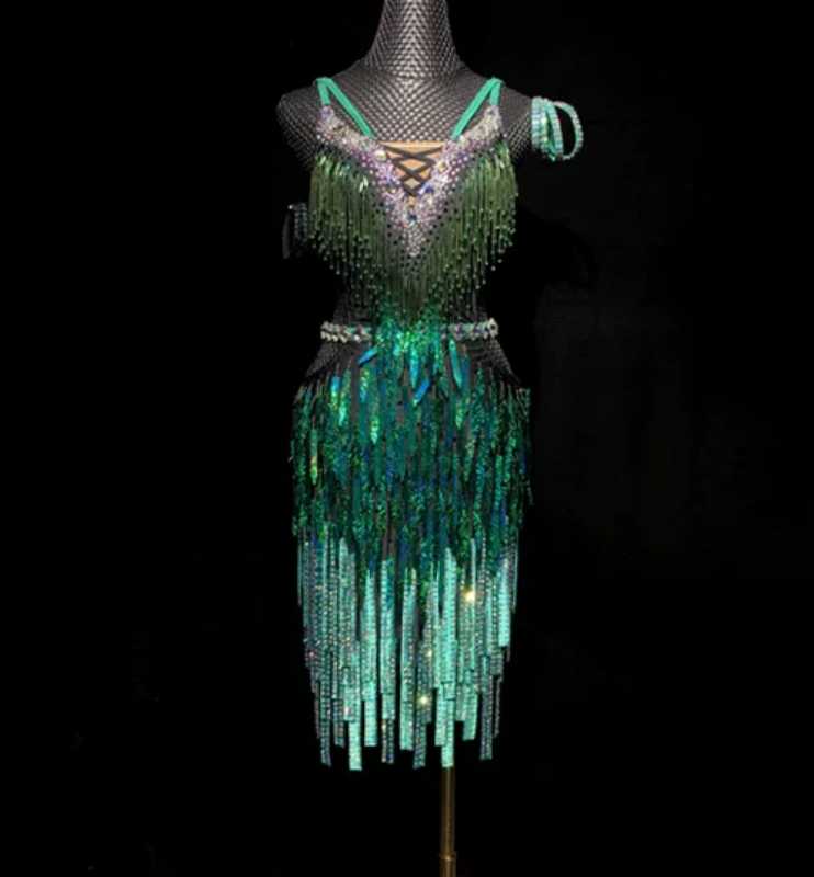 Custom Size Competition Emerald Green Bling Fringe Competition Latin Dance Dress for Women Salsa Blackpool Dance Clothing