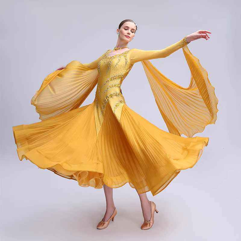 Custom Size Gold Competition Ballroom Dance Dresses for Women Girls Rhinestones Waltz Tango Flowy Dance Long Gown