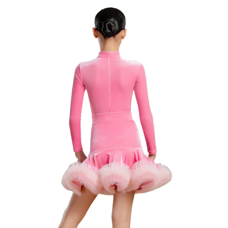Professional Pink Turquoise Mint Competition Latin Ballroom Dance Dresses for Girls Kids Velvet Ruffles Salsa Rumba Cha Cha Jive Dance Outfits - Moderndancedress.com