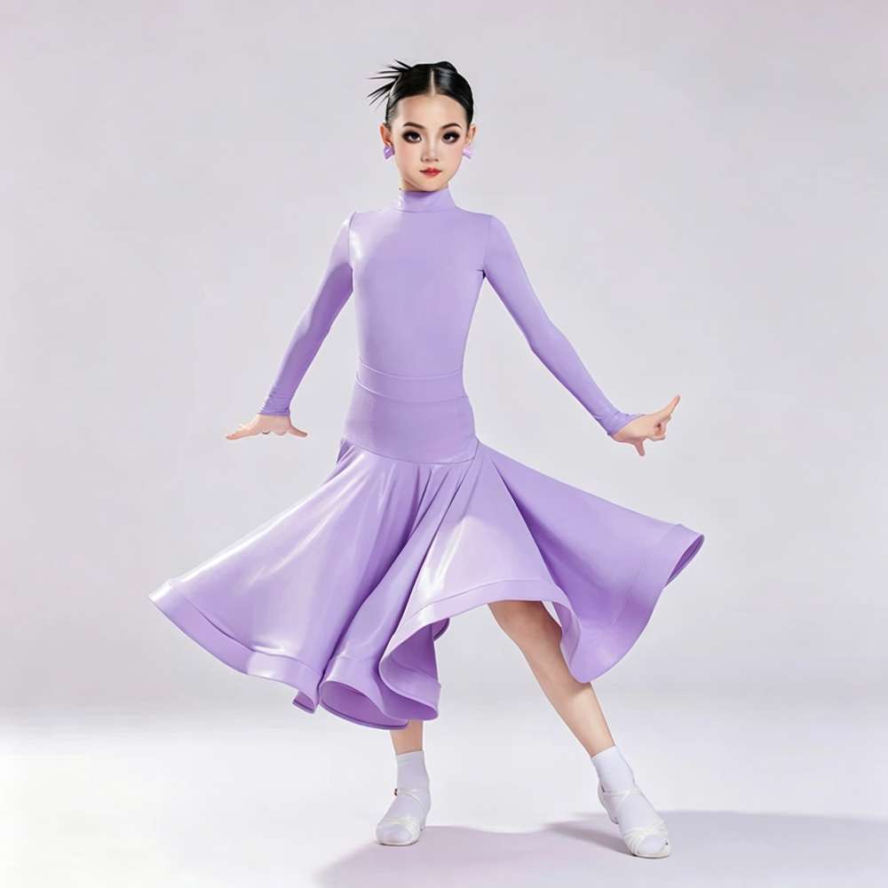 Girls Ballroom Dance Dresses Purple Black Shiny Waltz Tango Foxtrot Long-sleeved Performance Costume