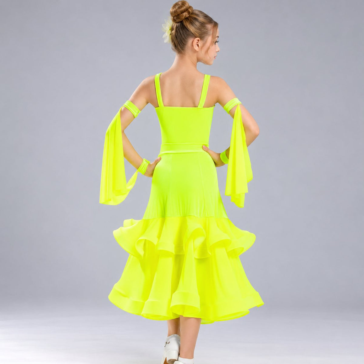 Neon Yellow Pink Ballroom Dance Dress for Girls | Kids Waltz Tango Performance Costume