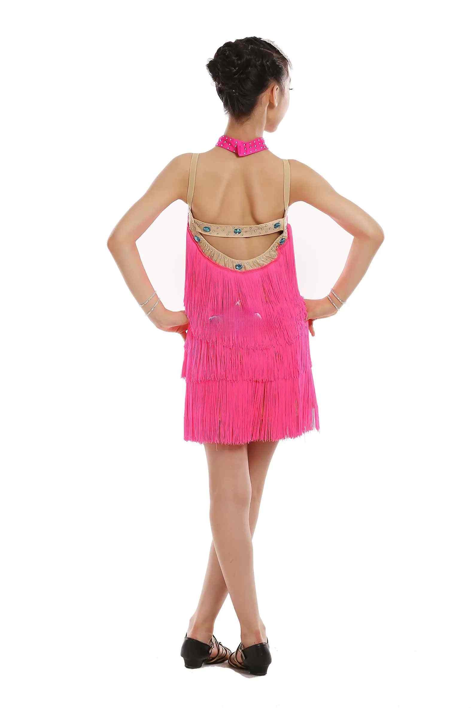 Custom size White pink green fringe Latin dance competition dresses for girls kids Latin dance competition skirts stage performance outfits - Moderndancedress.com