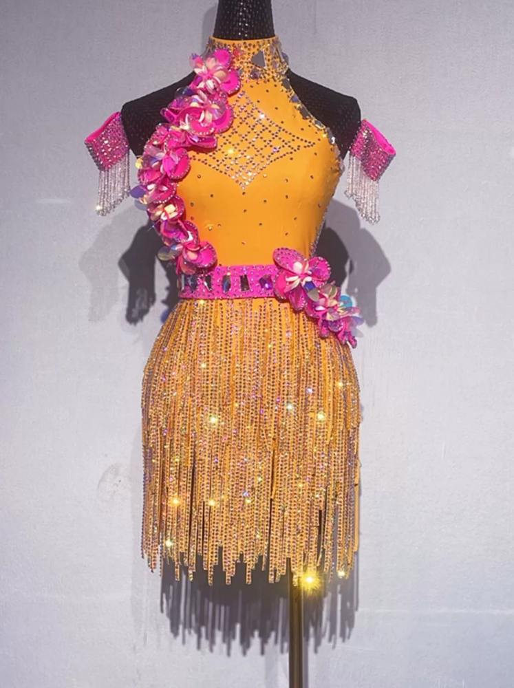 Custom Size Orange Competition Latin Dance Dress with 3D Pink Flowers Bling Fringe Salsa Chacha Performance Costumes