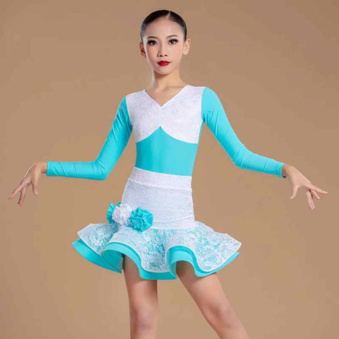 Turquoise White Lace Patchwork Latin Dance Dresses for Girls Kids Children Slasa Rumba Chacha  Long Sleeve Lace Performance Outfits - Moderndancedress.com