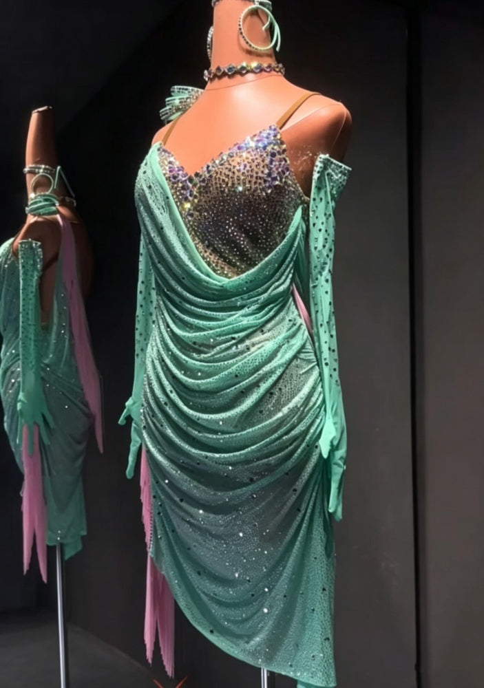 Custom Mint Green Latin Dance Dress with Crystals Competition Sala Dance Wear