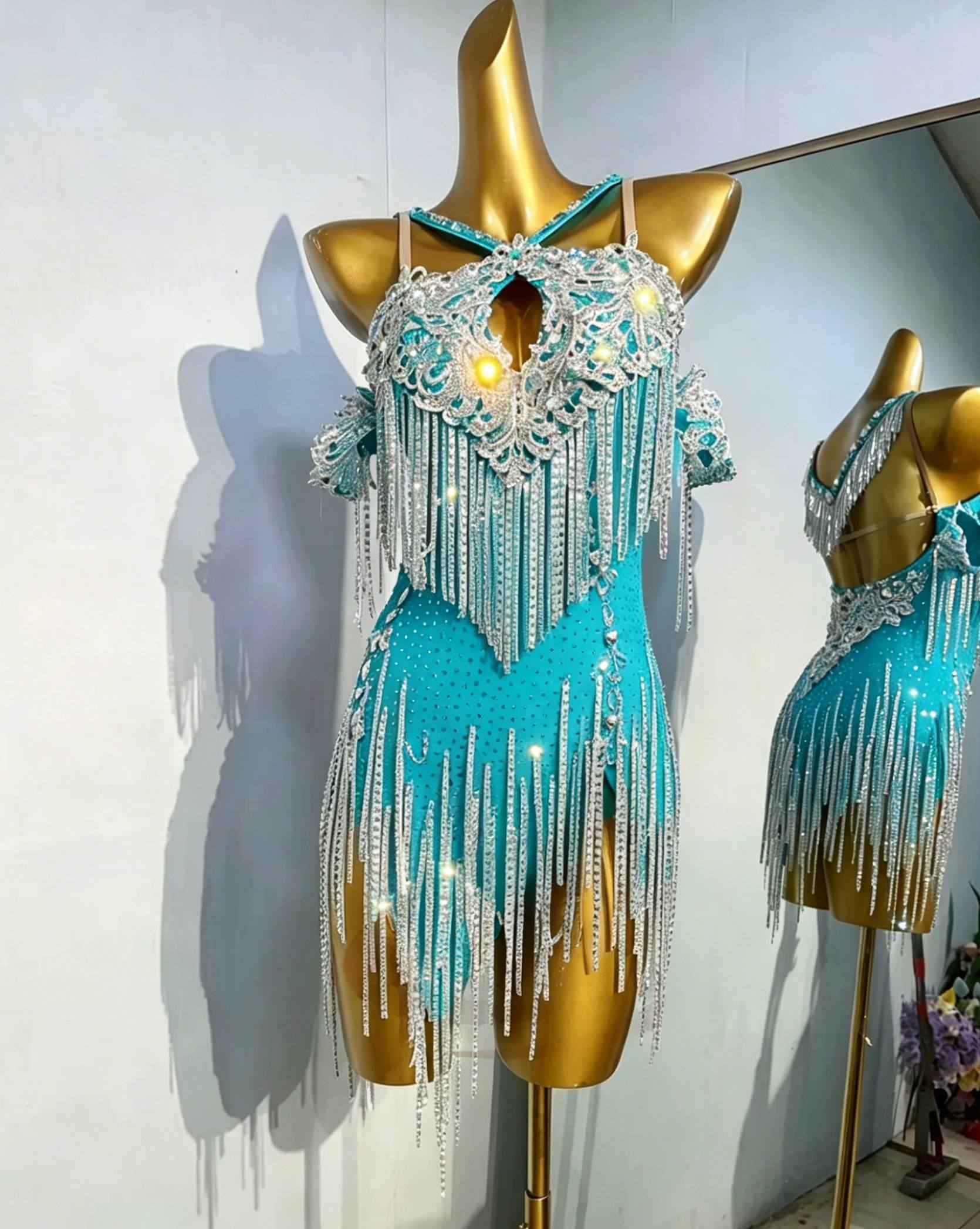 Custom Size Fuchsia Blue Sparkling Competition Latin Dance Dress Salsa Chacha Blackpool Dance Wear