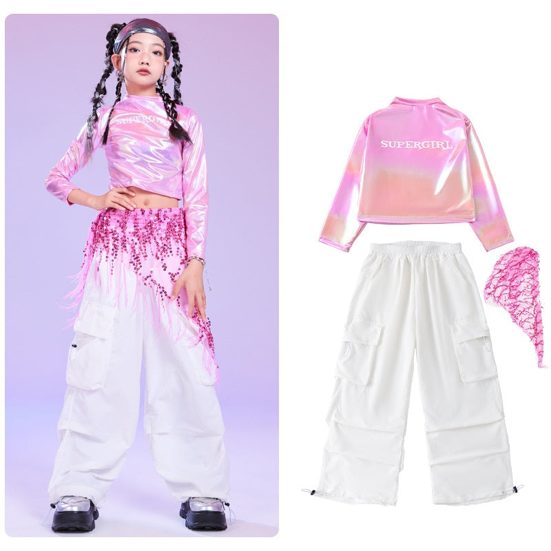 Girls Jazz Dance Costumes Kids Khiphop Metallic Pink Street Outfits & Cargo Pants Set