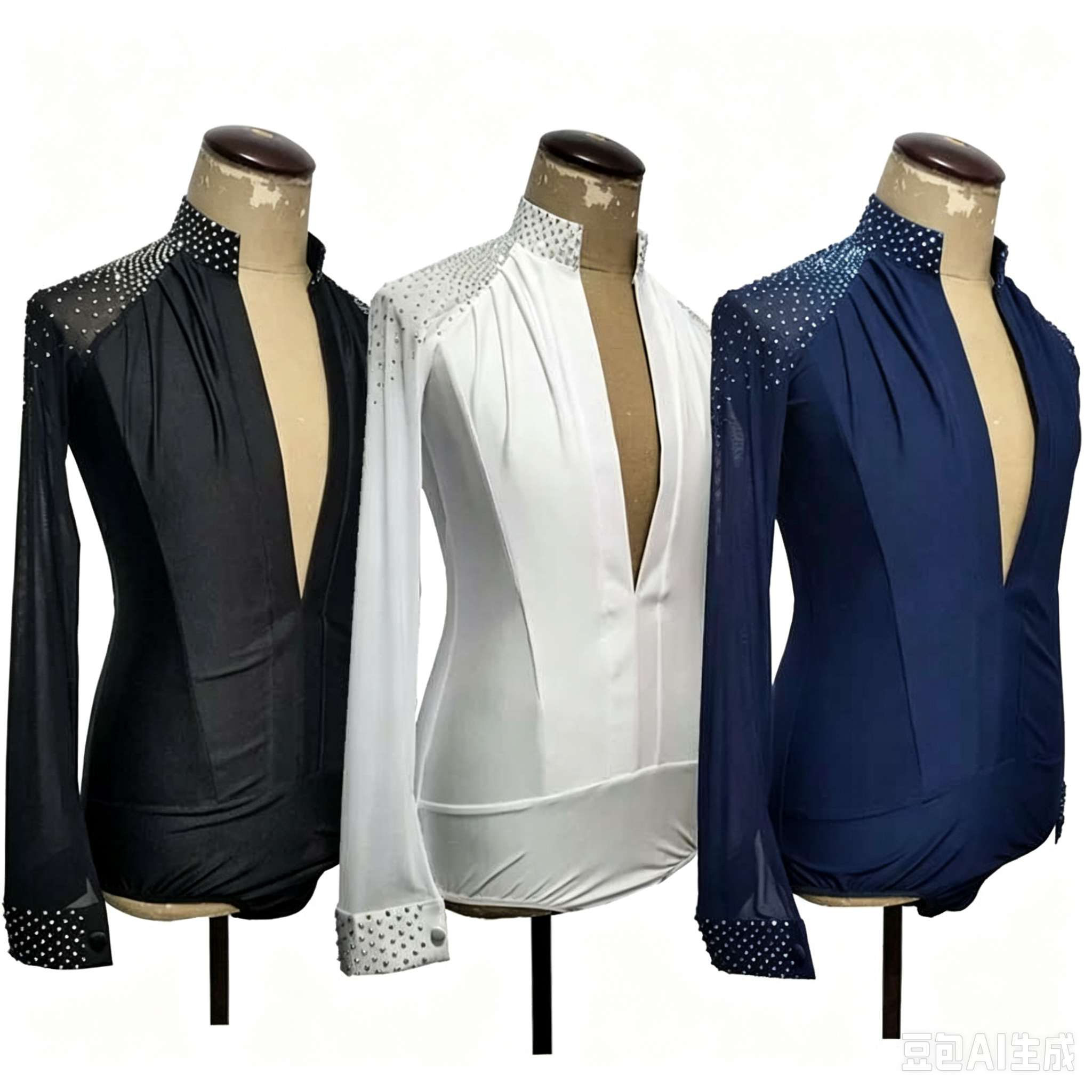Custom Navy Blue Men's Latin Dance Shirt - Rhinestone Ballroom Leotard