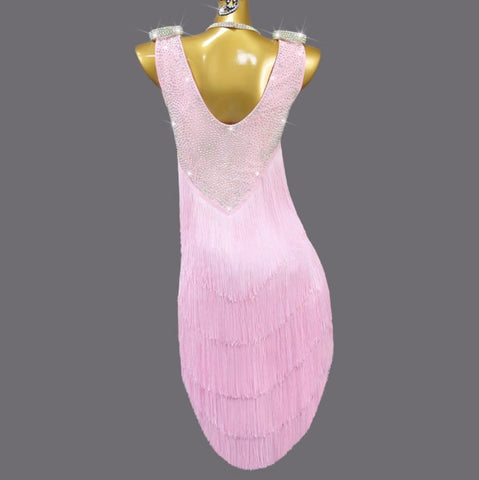 Custom Size Pink tassel latin dance competition dresses for girls kids children professional gemstones salsa rumba chacha solo dance skirts - Moderndancedress.com