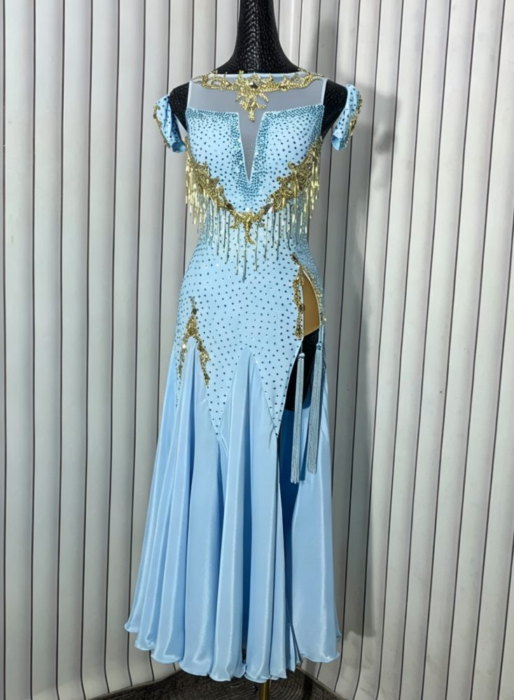 Custom Light Blue American Smooth Dance Dress with Gold Fringe Rhinestones Waltz Gown