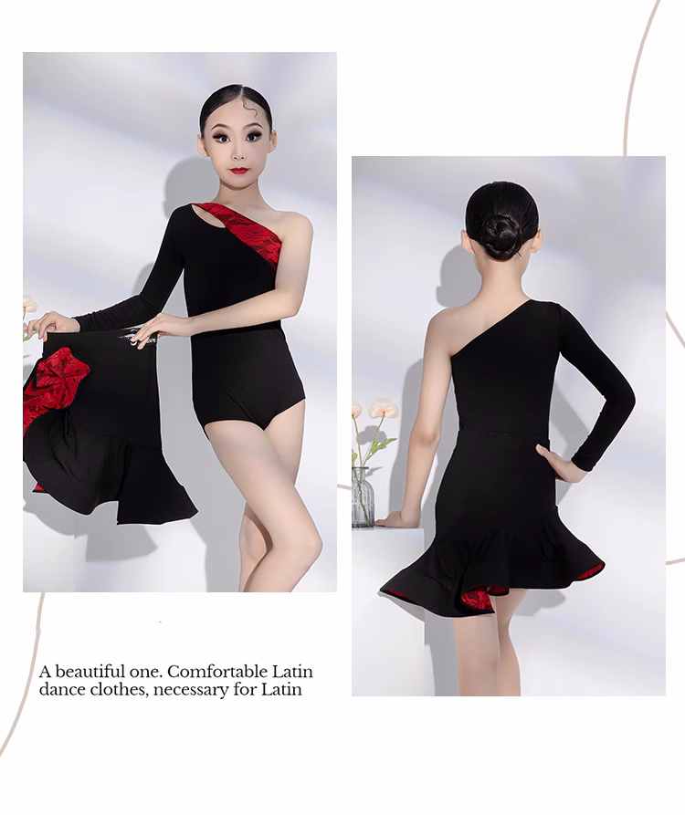 Black Red Lace One Shoulder Latin Dance Dresses for Girls Kids Slant Neck Long Sleeves Salsa Rumba Chacha Professional Clothes - Moderndancedress.com