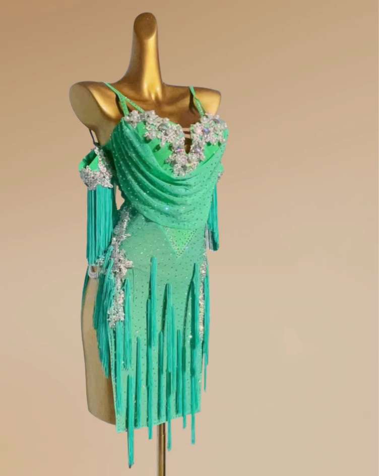Custom size mint green Latin dance dresses for women kids  girls competition salsa rumba chacha performance costumes solo dancewear art test - Moderndancedress.com