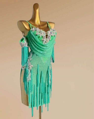 Custom size mint green Latin dance dresses for women kids  girls competition salsa rumba chacha performance costumes solo dancewear art test - Moderndancedress.com
