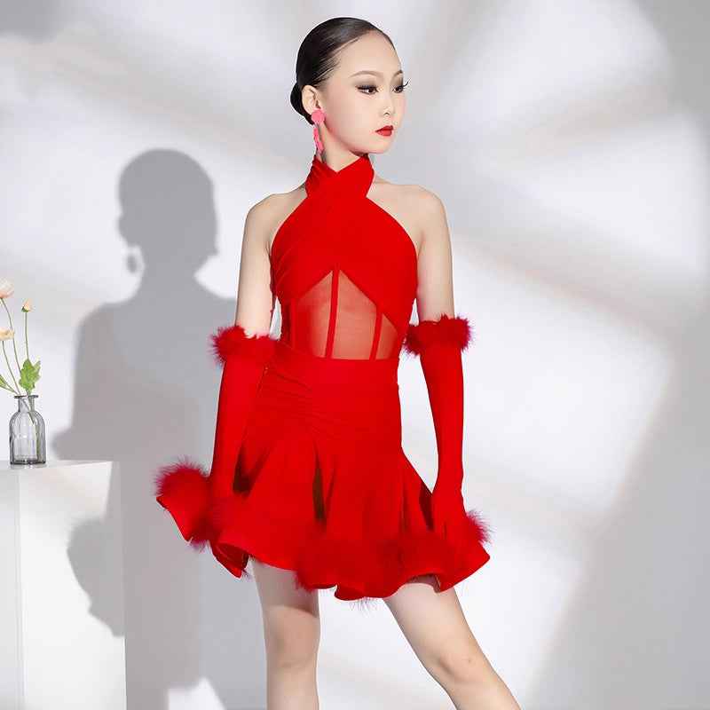 Girls Latin Dance Dresses Red Feather Haler Neck Competition Salsa Rumba Chacha Latin Dance Costumes Backless with Gloves