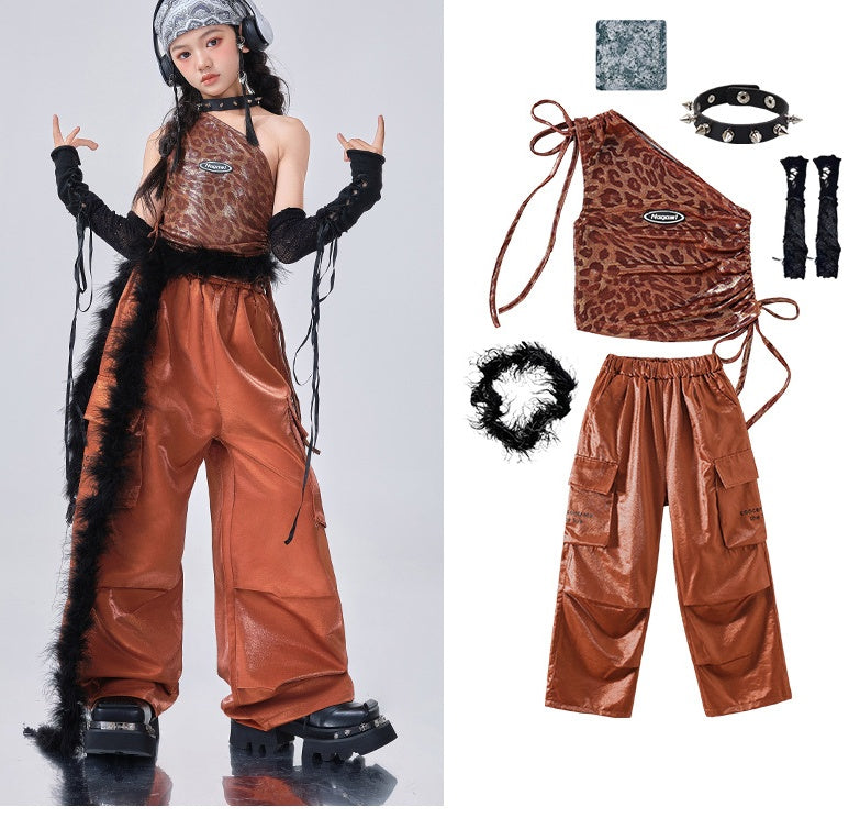 Girls Jazz Dance Costume K Hip Hop Dance Outfits Metallic Cargo Pants & Leopard Halter Wear