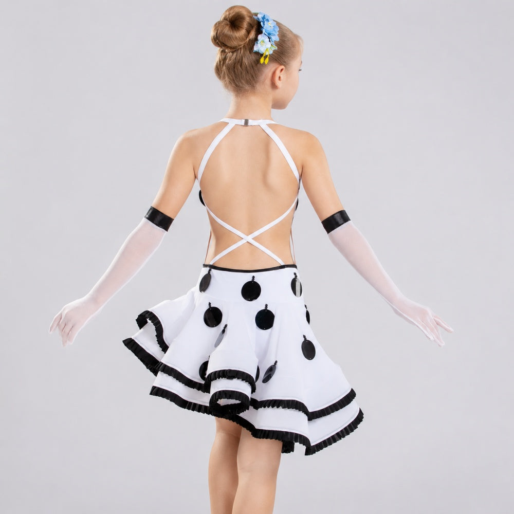 White Polka Dot Latin Dance Dress for Girls | Ruffle Ballroom Dance Costume with Gloves