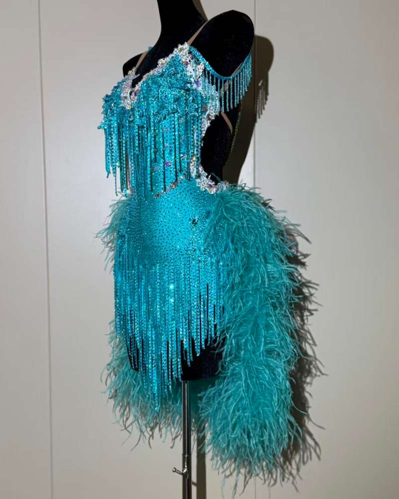 Custom Turquoise Competition Latin Dance Dress with Crystals & Feathers Samba Salsa Costume