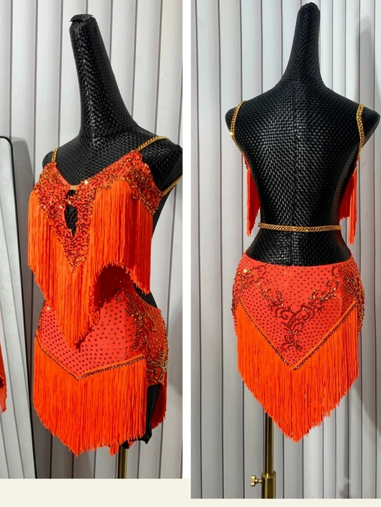 Custom Vibrant Orange Fringe Latin Dance Dress with Crystals Salsa Black Pool Dance Wear