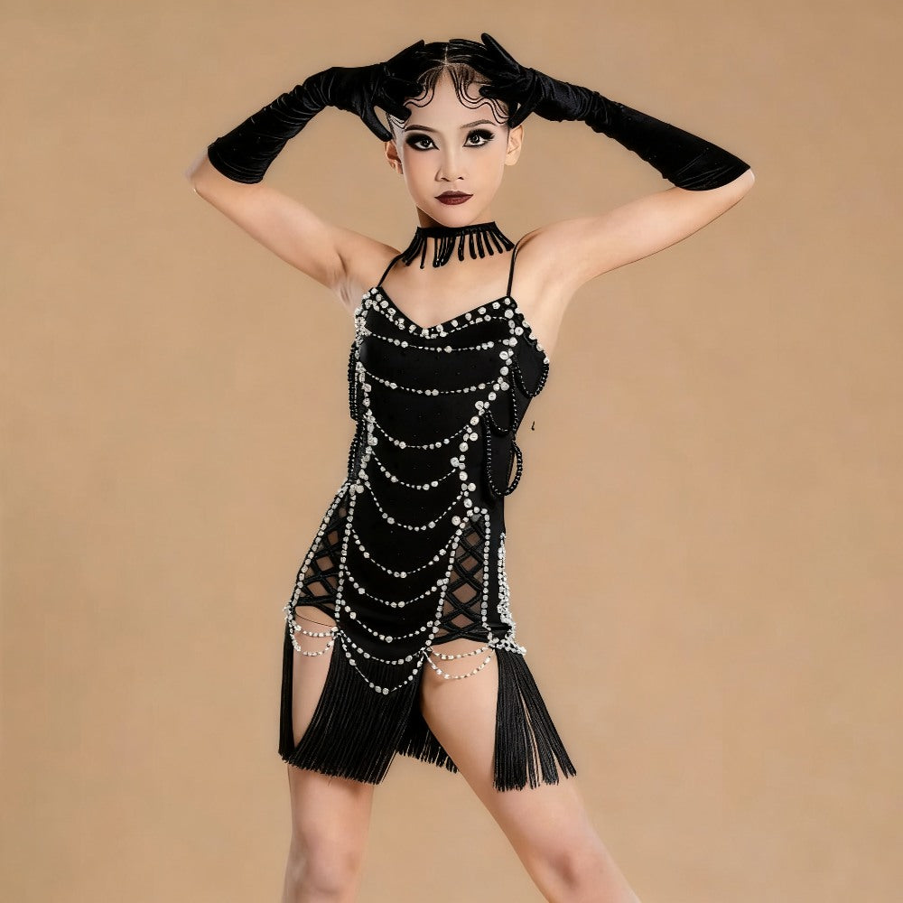 Children's Red Pearl Crystals Latin Dance Dresses Girls Salsa Rumba Chacha Ballroom Latin Competition Solo Dance Costumes - Moderndancedress.com