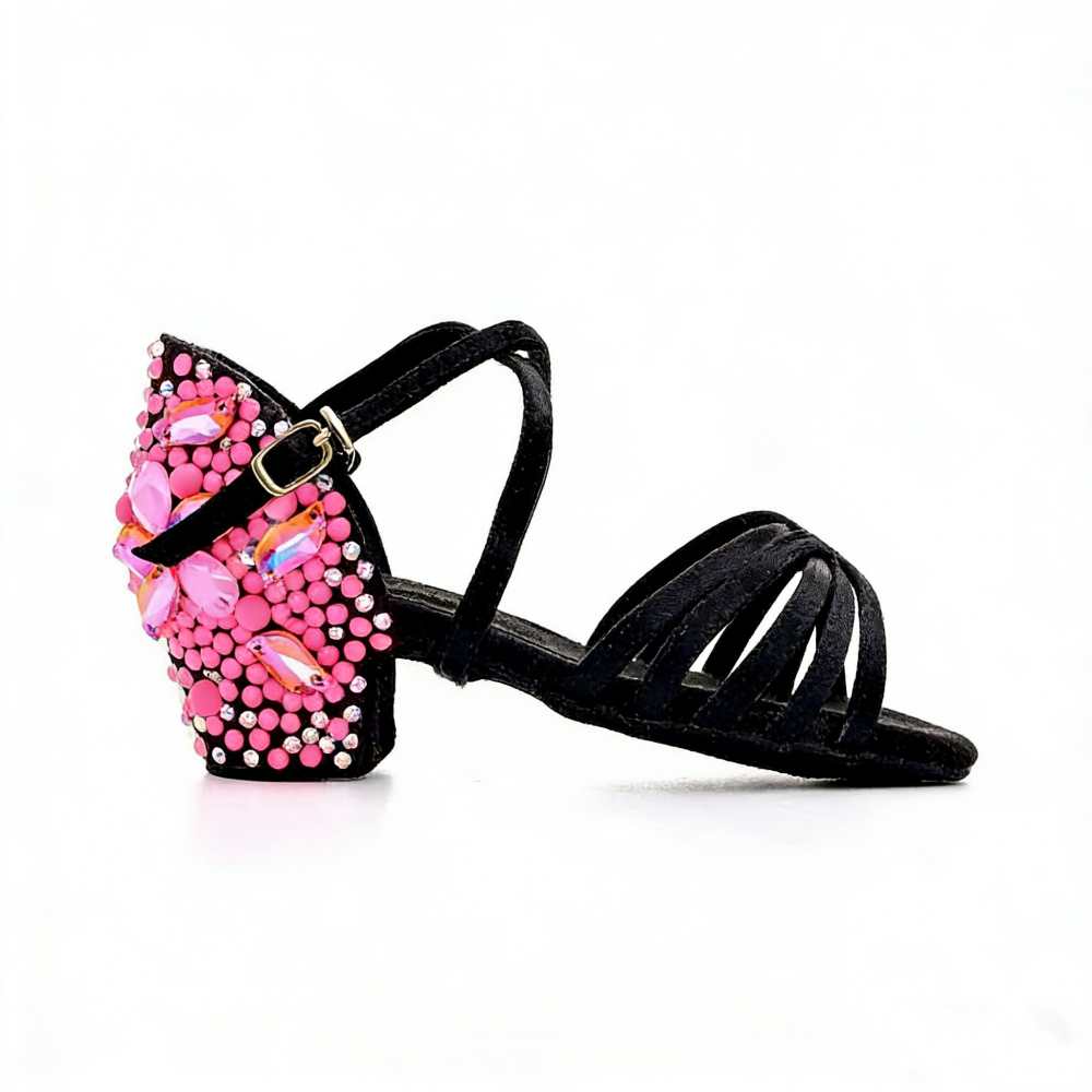 Girls Latin Dance Shoes Pink Crystal Flowers Soft Soles Salsa Ballroom Competition Shoes