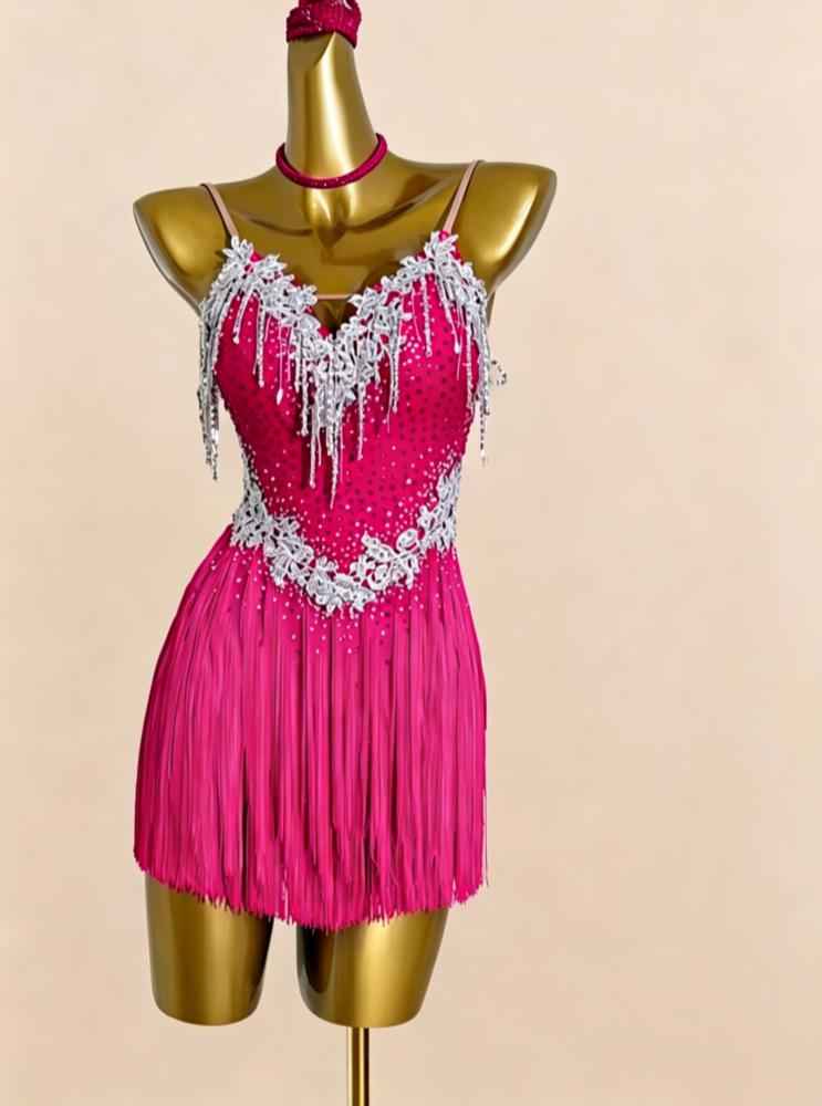 Custom Size Latin Dance Dress Hot Pink Blue Fringed Salsa Chacha Performance Clothing
