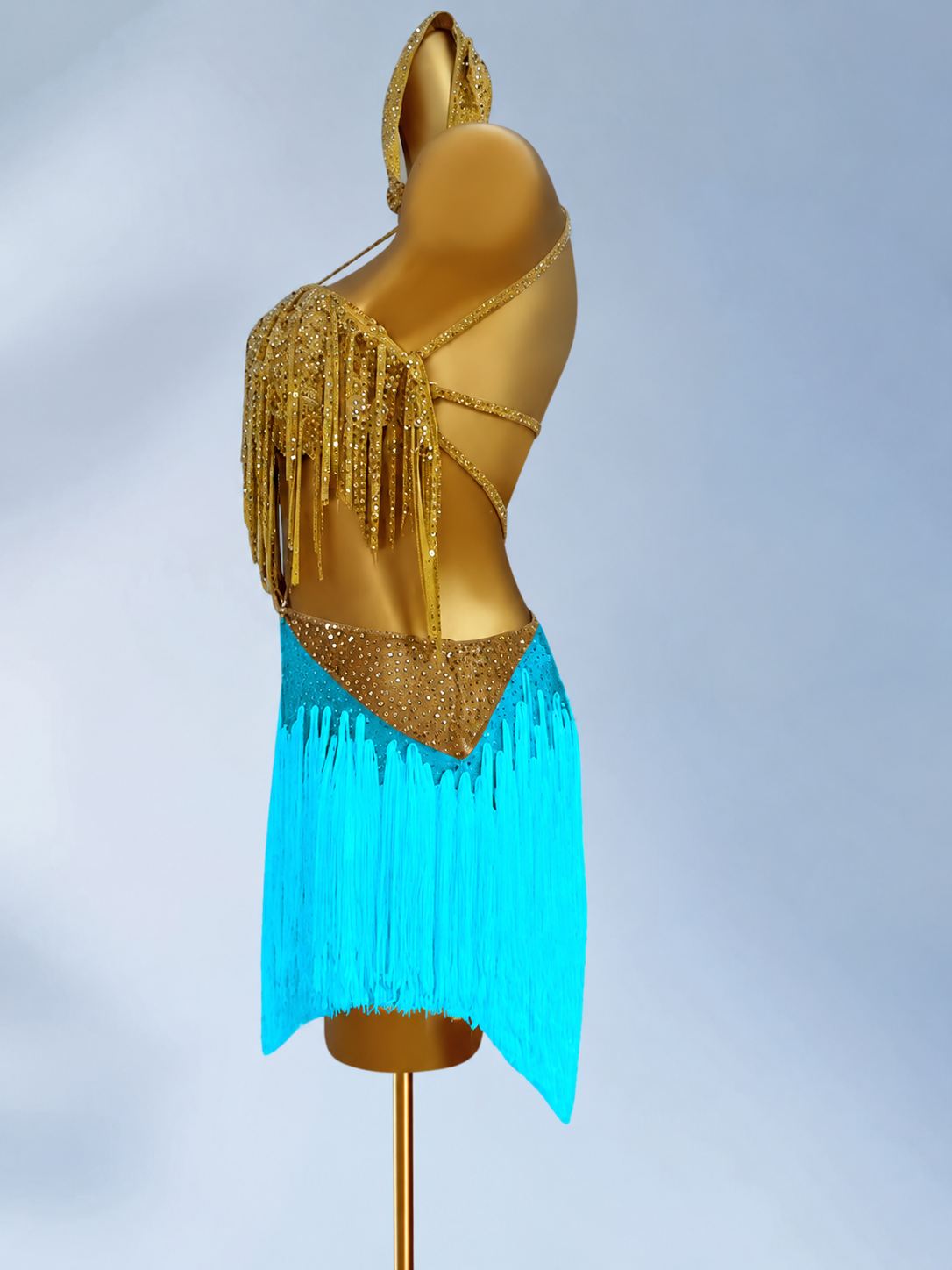CustomTurquoise & Gold Fringe Latin Dance Dress Bling Salsa Chacha Dance Gown