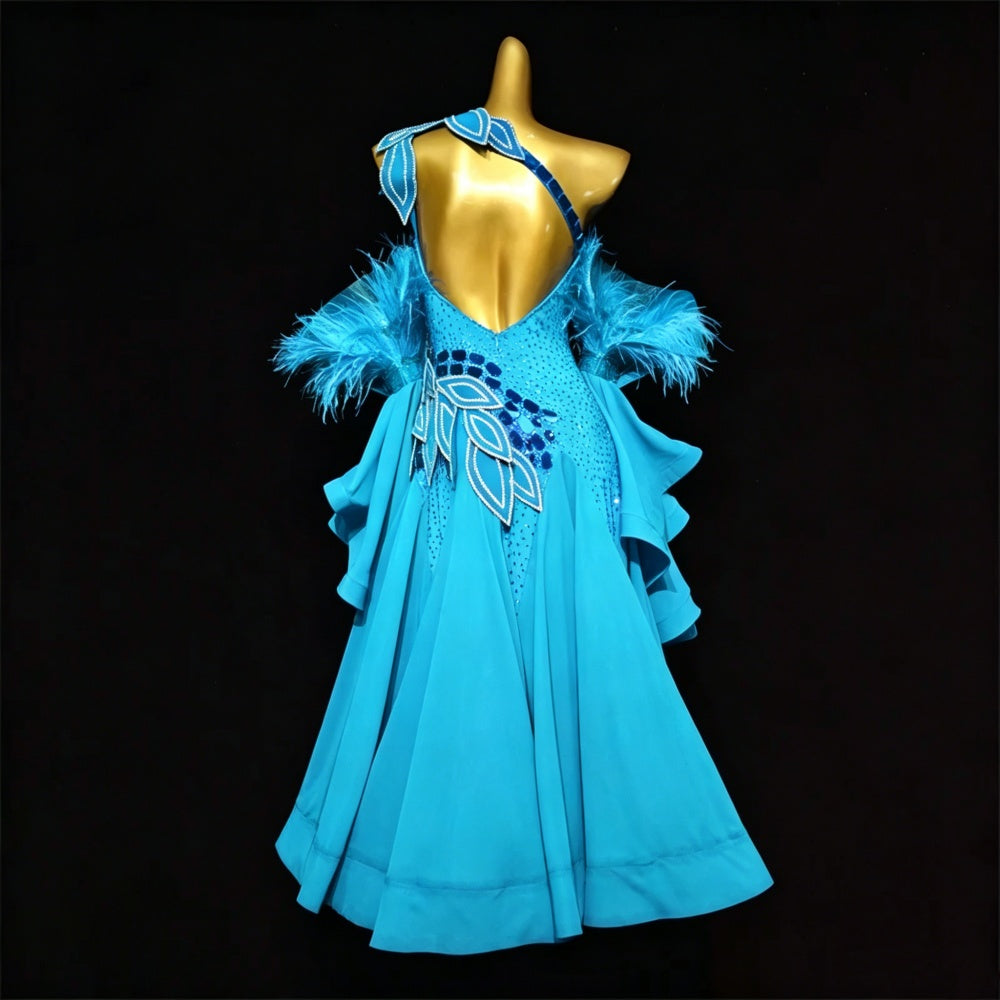 Custom Size Fuchsia Blue Feather Petal Competition Ballroom Dance Dress Smooth Foxtort Blackpool Dance Gown