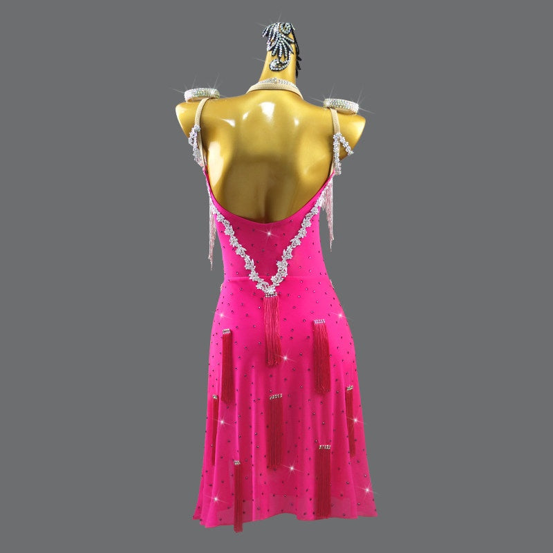 Custom Size Hot Pink Latin Dance Competition Dress with Silver Lace Appliques Fringe