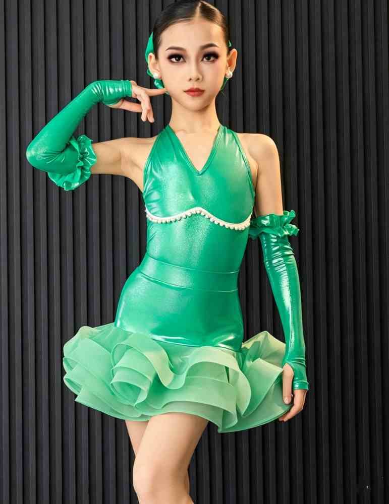 Girls Latin Dance Dress Emerald Green Pink Ruffles Salsa Ballroom Latin Performance Costumes with Gloves Headdress