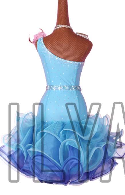 Turquoise Blue Competition Latin Dance Dresses for Women Girls Salsa Rumba Chacha Denim Dance Costumes