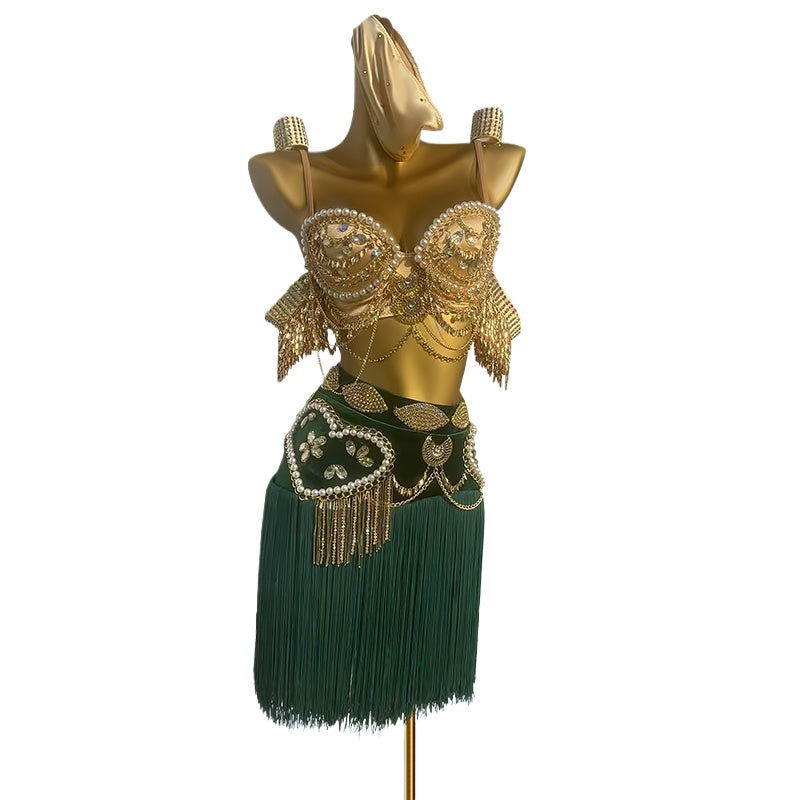 Custom Size Dark Green Gold Latin Dance Dresses for Women Girls Salsa Rumba Waltz Tango Competition Costumes