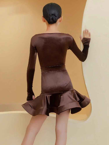 Children's Coffee Velvet Flowers Latin Dance Dresses for Kids Children Long-sleeved Ballroom Salsa Samba Performance Clothes Grade Examination Regulations Wear - Moderndancedress.com