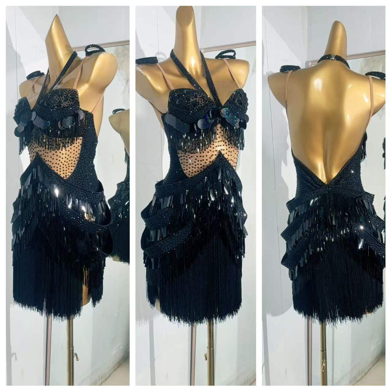 Custom Size Competition Latin Dance Dresses Black Rhinestones Blackpool Salsa Chacha Latin Dance Costumes