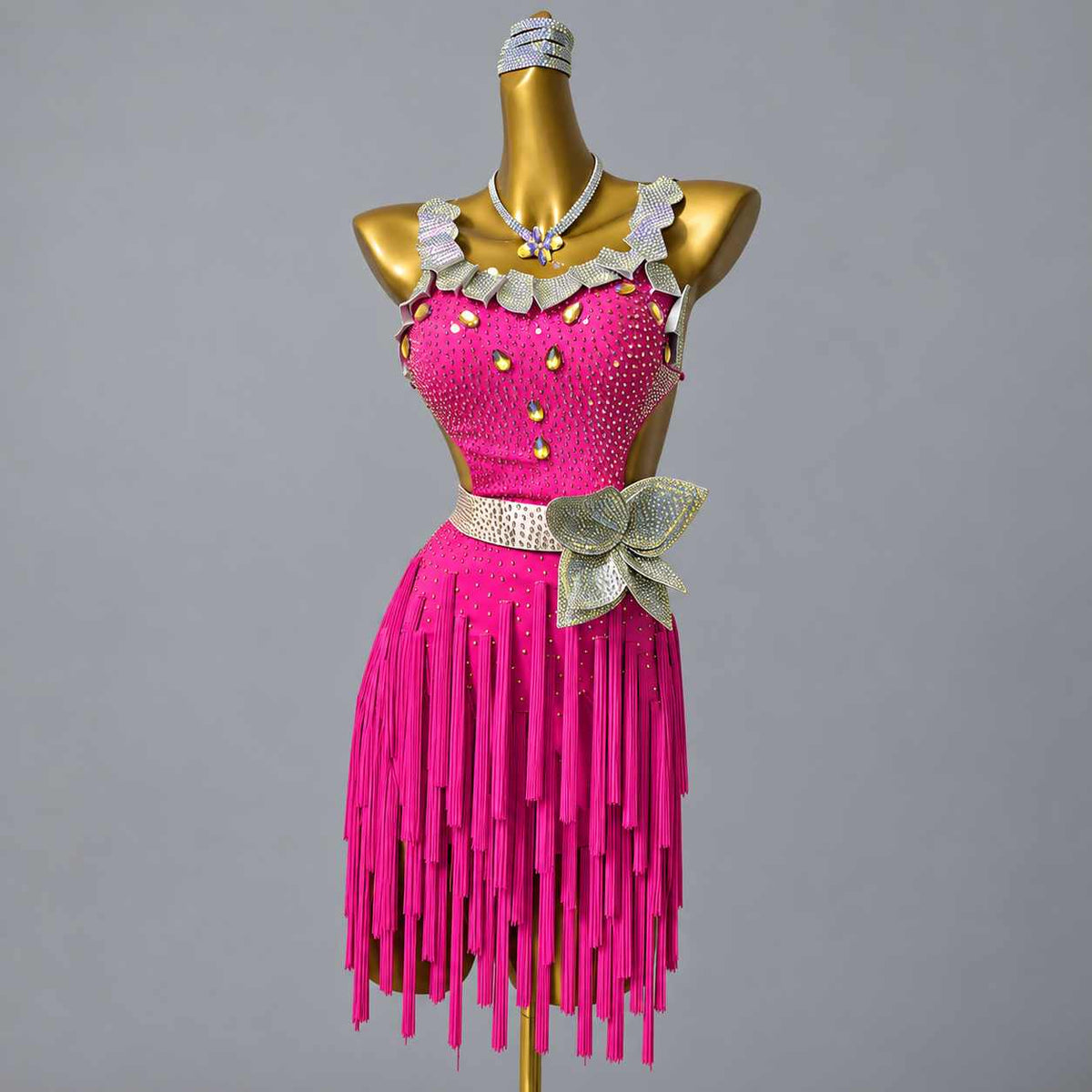 Custom Orange Latin Competition Dress 3D Petals Crystal Salsa Chacha Dance Gown