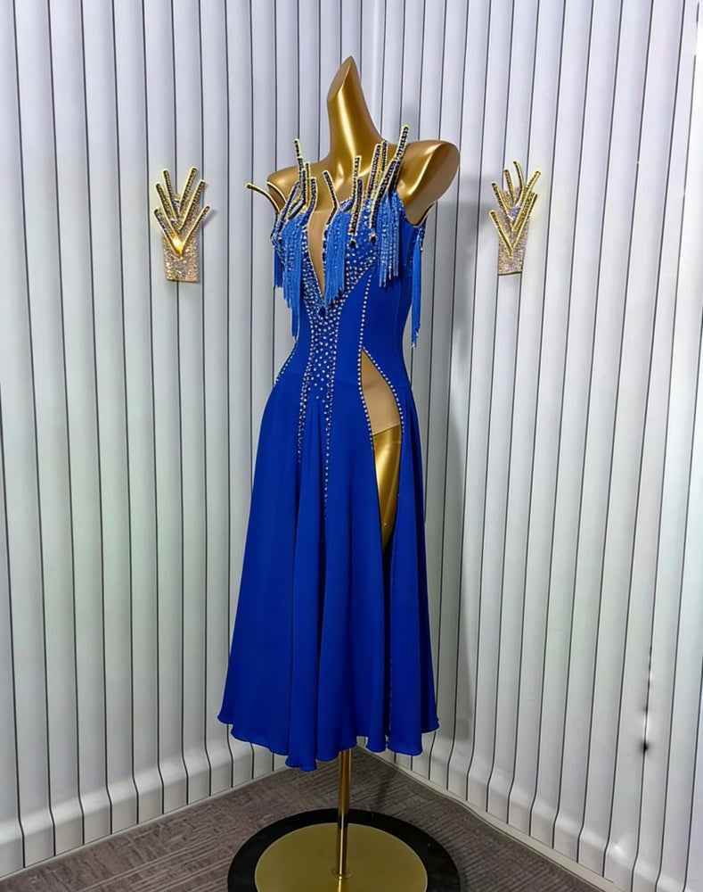Custom Size Turquoise Blue American Smooth Dance Dresses-Flowing Competition Dress with Deep Open Back Side Slits